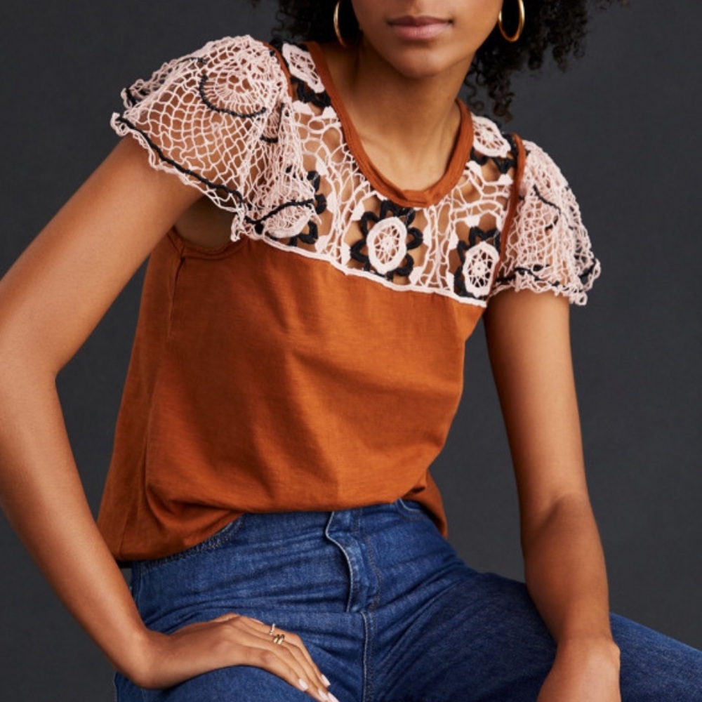 Anthropologie Lace Flutter Sleeve Top Cedar XS